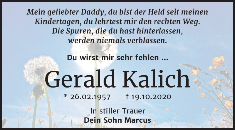  Traueranzeige für Gerald Kalich vom 30.10.2020 aus Super Sonntag Wittenberg