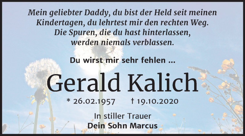  Traueranzeige für Gerald Kalich vom 30.10.2020 aus Mitteldeutsche Zeitung Wittenberg