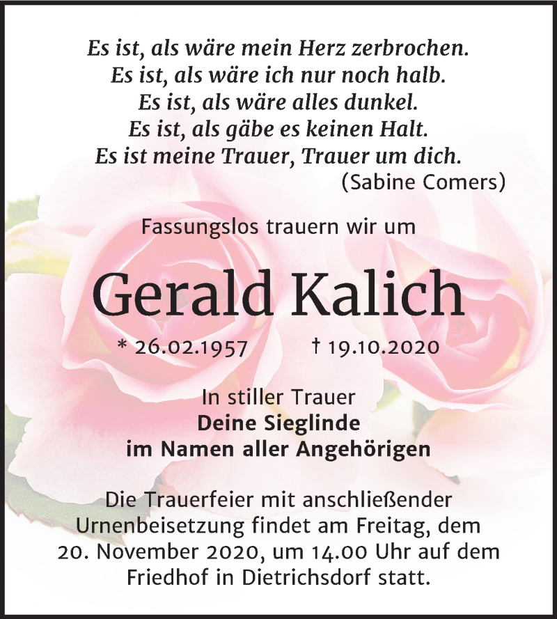  Traueranzeige für Gerald Kalich vom 24.10.2020 aus Mitteldeutsche Zeitung Wittenberg