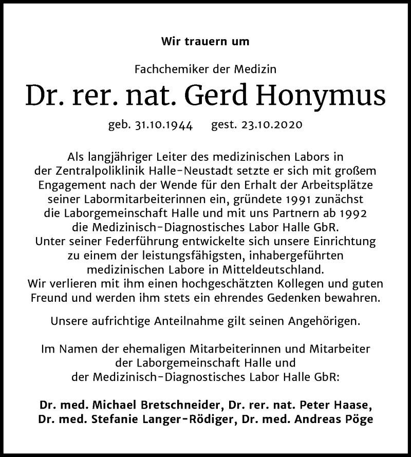  Traueranzeige für Gerd Honymus vom 30.10.2020 aus Mitteldeutsche Zeitung Halle/Saalkreis / Merseburg/Querfurt