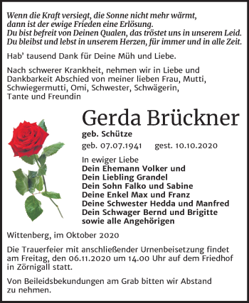 Traueranzeige von Gerda Brückner von Super Sonntag Wittenberg