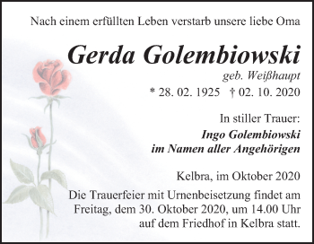 Traueranzeige von Gerda Golembiowski von Super Sonntag Sangerhausen