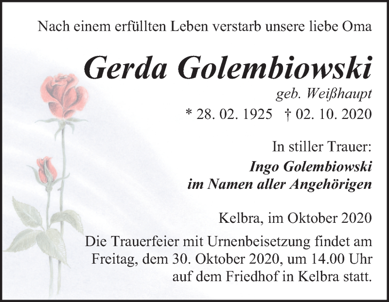  Traueranzeige für Gerda Golembiowski vom 17.10.2020 aus Mitteldeutsche Zeitung Sangerhausen