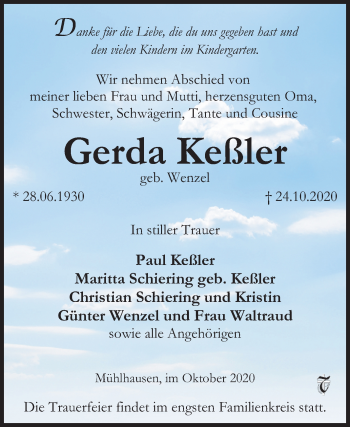 Traueranzeige von Gerda Keßler von Mitteldeutsche Zeitung Sangerhausen