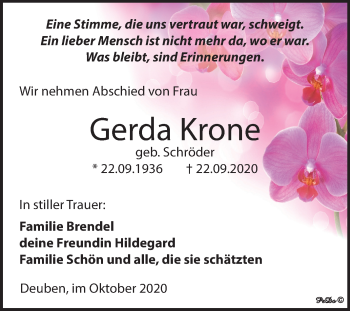 Traueranzeige von Gerda Krone von Wochenspiegel Weißenfels
