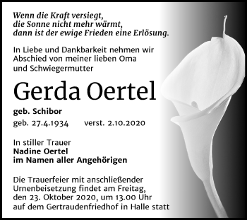 Traueranzeige von Gerda Oertel von Mitteldeutsche Zeitung Halle/Saalkreis
