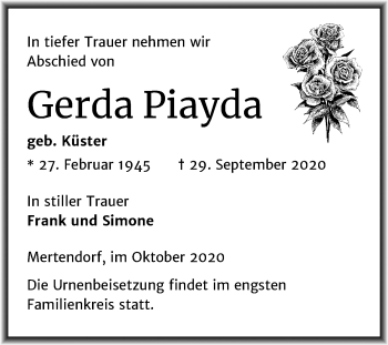 Traueranzeige von Gerda Piayda von Wochenspiegel Naumburg/Nebra