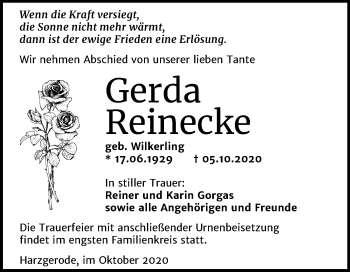 Traueranzeige von Gerda Reinecke von Mitteldeutsche Zeitung Quedlinburg