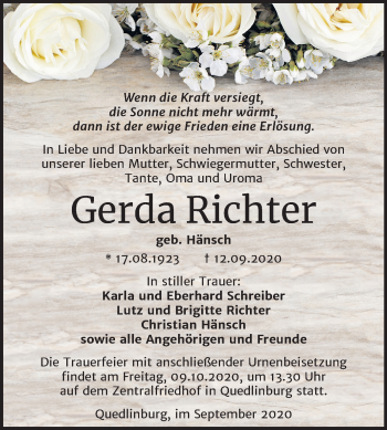 Traueranzeige von Gerda Richter von Mitteldeutsche Zeitung Quedlinburg