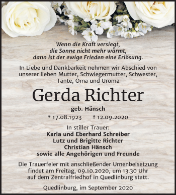 Traueranzeige von Gerda Richter von Super Sonntag Quedlinburg