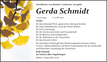 Traueranzeige von Gerda Schmidt von Mitteldeutsche Zeitung Bitterfeld