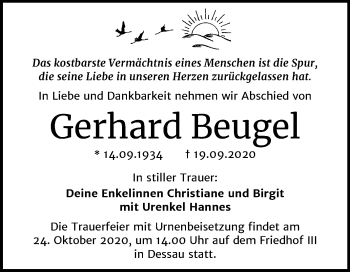 Traueranzeige von Gerhard Beugel von Super Sonntag Dessau-Roßlau