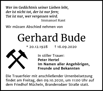 Traueranzeige von Gerhard Bude von Super Sonntag Merseburg/Querfurt