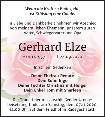 Traueranzeige von Gerhard Elze von Mitteldeutsche Zeitung Köthen