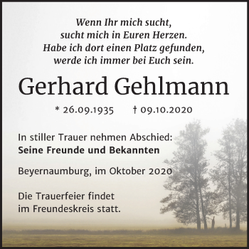 Traueranzeige von Gerhard Gehlmann von Mitteldeutsche Zeitung Sangerhausen