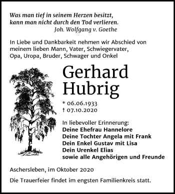 Traueranzeige von Gerhard Hubrig von Mitteldeutsche Zeitung Aschersleben