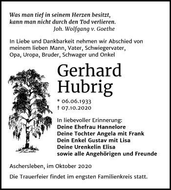 Traueranzeige von Gerhard Hubrig von Mitteldeutsche Zeitung Aschersleben