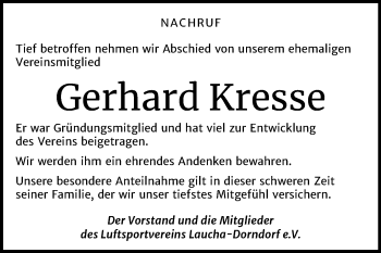 Traueranzeige von Gerhard Kresse von Wochenspiegel Naumburg/Nebra