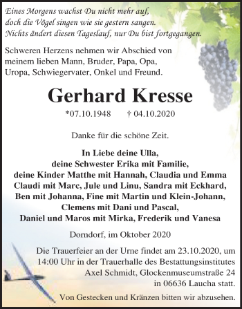 Traueranzeige von Gerhard Kresse von Wochenspiegel Naumburg/Nebra