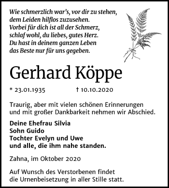 Traueranzeige von Gerhard Köppe von Mitteldeutsche Zeitung Wittenberg