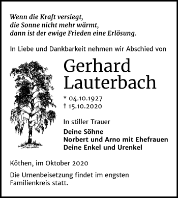 Traueranzeige von Gerhard Lauterbach von Mitteldeutsche Zeitung Köthen