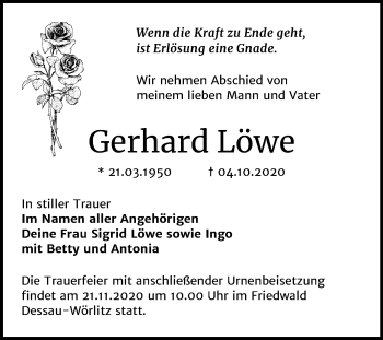 Traueranzeige von Gerhard Löwe von Super Sonntag Dessau-Roßlau