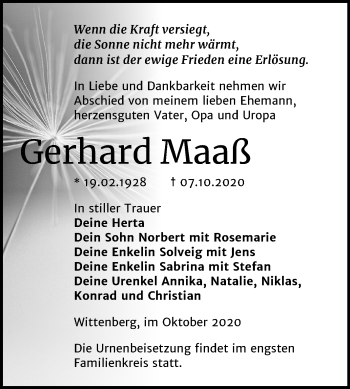 Traueranzeige von Gerhard Maaß von Super Sonntag Wittenberg