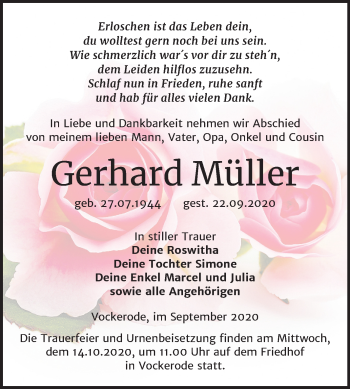 Traueranzeige von Gerhard Müller von Mitteldeutsche Zeitung Wittenberg