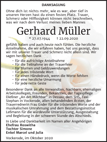 Traueranzeige von Gerhard Müller von Mitteldeutsche Zeitung Wittenberg
