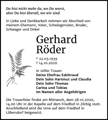 Traueranzeige von Gerhard Röder von Mitteldeutsche Zeitung Bitterfeld