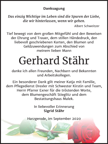 Traueranzeige von Gerhard Stähr von Mitteldeutsche Zeitung Quedlinburg