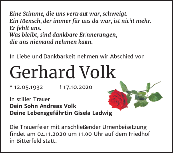 Traueranzeige von Gerhard Volk von Mitteldeutsche Zeitung Bitterfeld