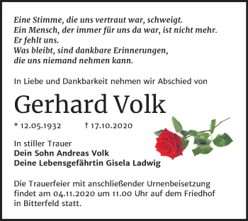 Traueranzeige von Gerhard Volk von Wochenspiegel Bitterfeld