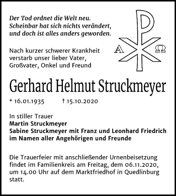 Traueranzeige von Gerhard Helmut Struckmeyer von Mitteldeutsche Zeitung Quedlinburg