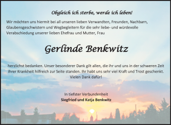 Traueranzeige von Gerlinde Benkwitz von Mitteldeutsche Zeitung Zeitz