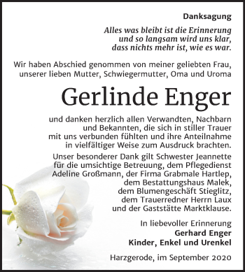 Traueranzeige von Gerlinde Enger von Mitteldeutsche Zeitung Quedlinburg