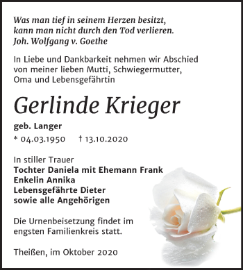 Traueranzeige von Gerlinde Krieger von Mitteldeutsche Zeitung Zeitz