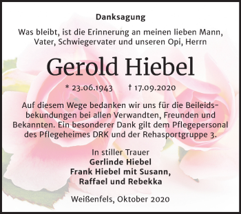 Traueranzeige von Gerold Hiebel von Wochenspiegel Weißenfels
