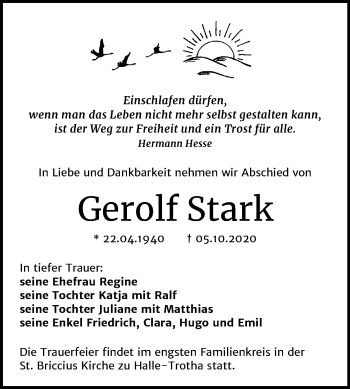 Traueranzeige von Gerolf Stark von Mitteldeutsche Zeitung Halle/Saalkreis