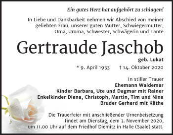 Traueranzeige von Gertraude Jaschob von Mitteldeutsche Zeitung Halle/Saalkreis