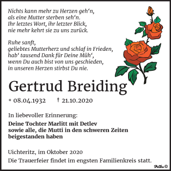 Traueranzeige von Gertrud Breiding von Wochenspiegel Weißenfels