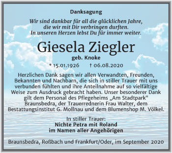 Traueranzeige von Giesela Ziegler von Super Sonntag Merseburg/Querfurt