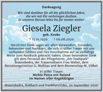 Traueranzeige von Giesela Ziegler von Mitteldeutsche Zeitung Merseburg/Querfurt
