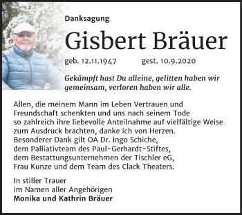 Traueranzeige von Gisbert Bräuer von Mitteldeutsche Zeitung Wittenberg