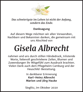 Traueranzeige von Gisela Albrecht von Wochenspiegel Naumburg/Nebra