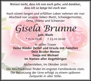 Traueranzeige von Gisela Brunne von Mitteldeutsche Zeitung Aschersleben