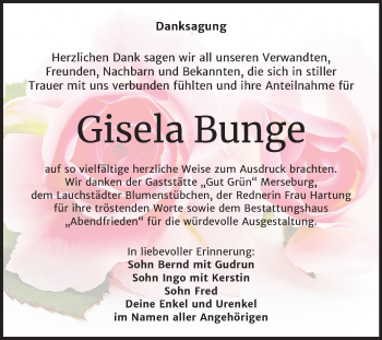 Traueranzeige von Gisela Bunge von Mitteldeutsche Zeitung Merseburg/Querfurt