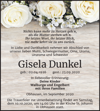 Traueranzeige von Gisela Dunkel von Super Sonntag Merseburg/Querfurt