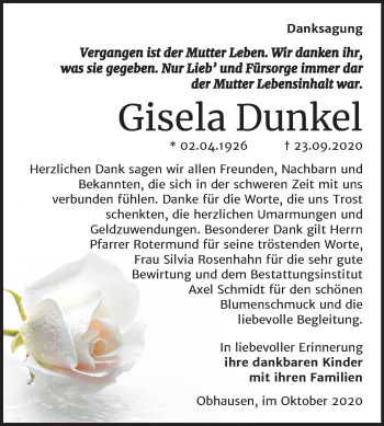 Traueranzeige von Gisela Dunkel von Super Sonntag Merseburg/Querfurt