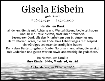 Traueranzeige von Gisela Eisbein von Mitteldeutsche Zeitung Aschersleben